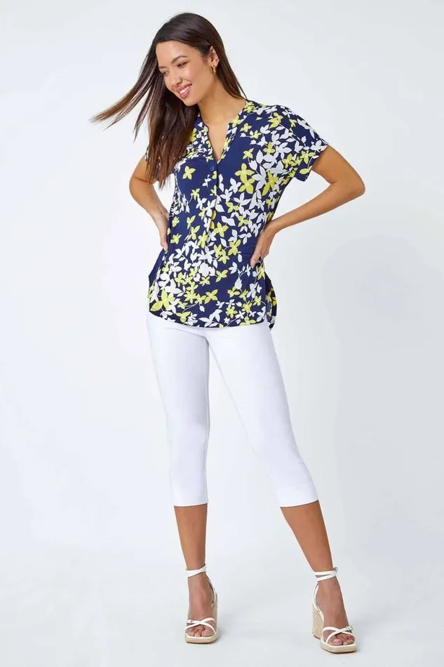 Yellow Floral Puff Print VNeck Pleat Front Top Women Roman Tops