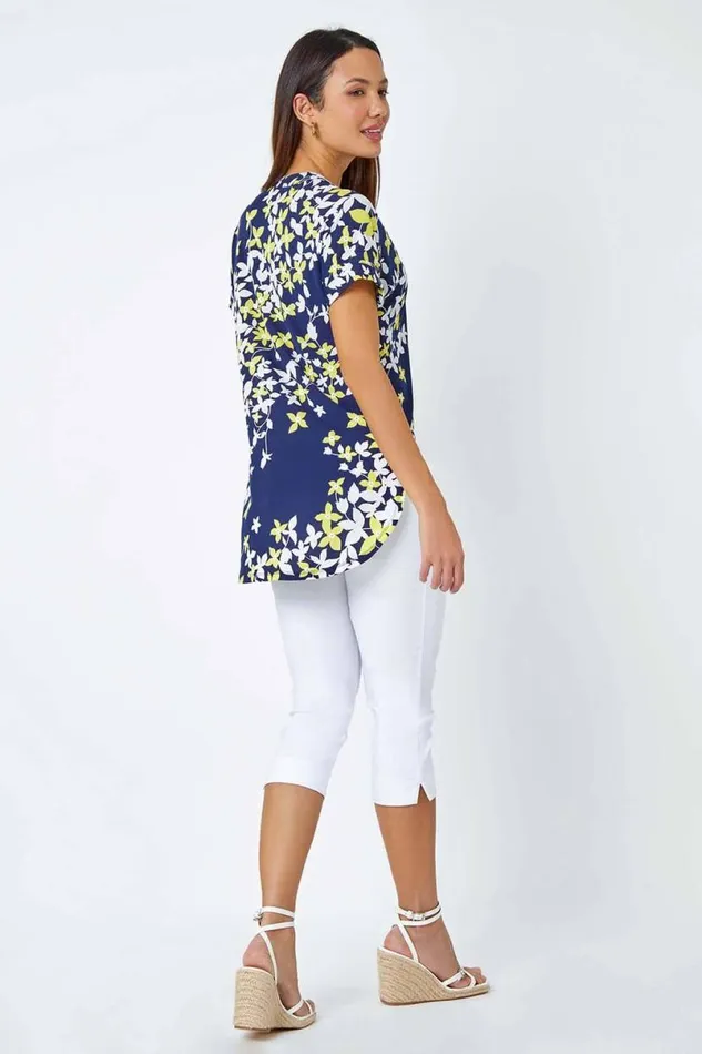 Yellow Floral Puff Print VNeck Pleat Front Top Women Roman Tops