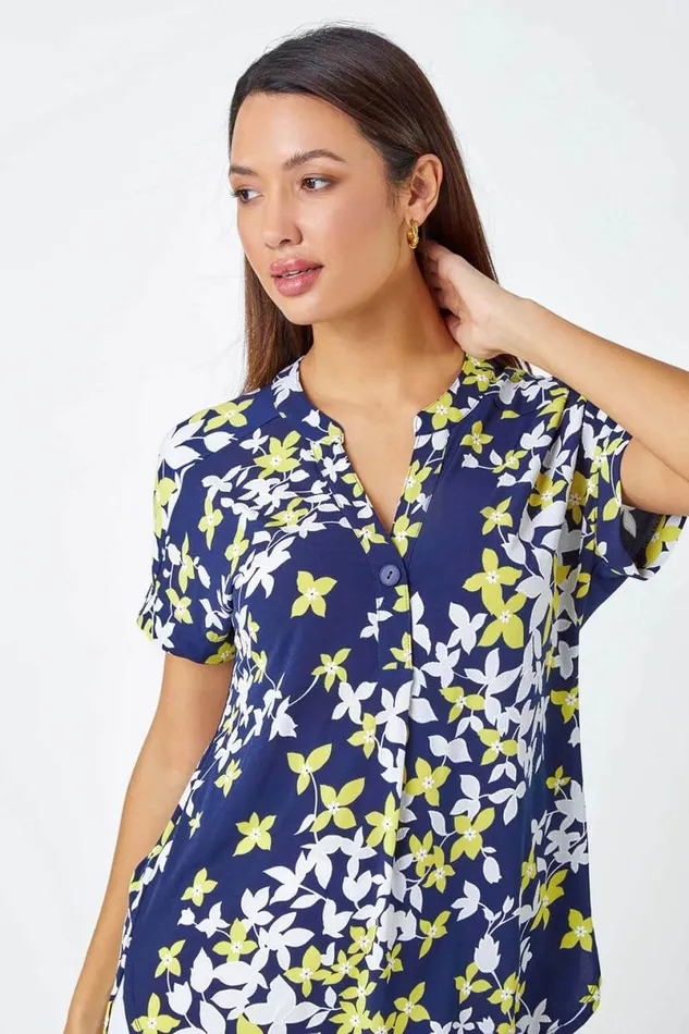 Yellow Floral Puff Print VNeck Pleat Front Top Women Roman Tops
