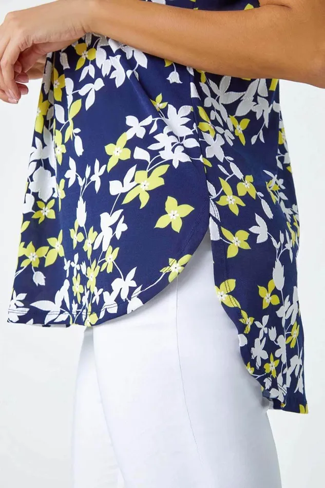 Yellow Floral Puff Print VNeck Pleat Front Top Women Roman Tops